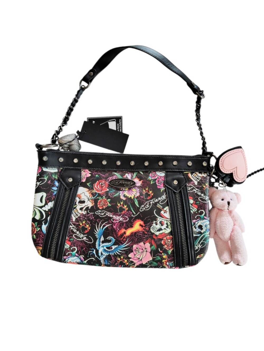 Ed Hardy Black skull Tiger Grunge Biker Purse With Pink Teddy Bear Charms